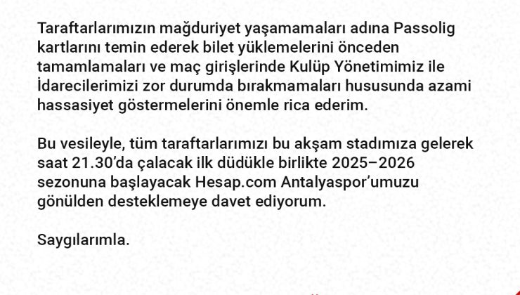 Antalyaspor’dan taraftara Passolig uyarısı